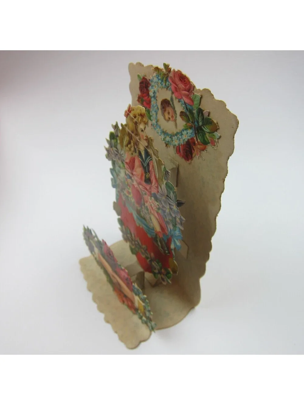 Vintage Valentine Pull Down Die Cut Stand Up Victorian Girl Flower Basket Roses